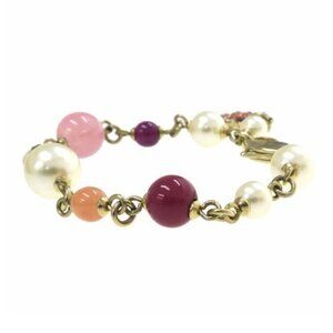 CHANEL CC Logo Multicolor Stone Pearl Bracelet 6.5" Gold Tone 12P Auth #6767F